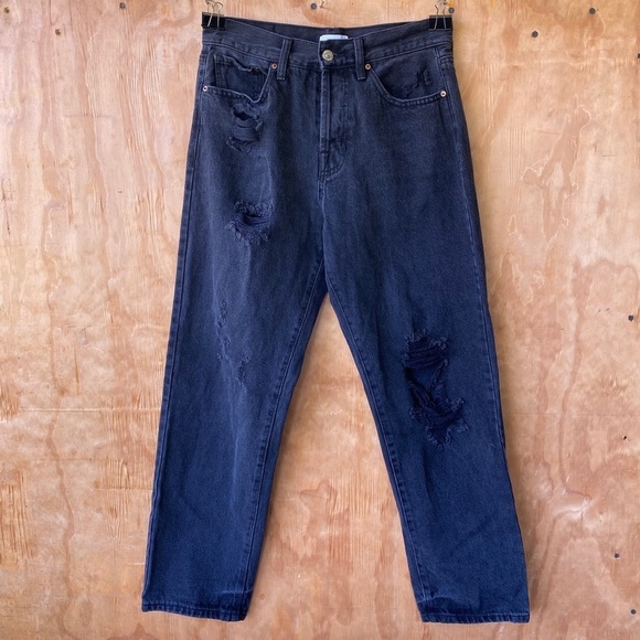 Forever 21 Black High Waist Straight Leg Rigid Distressed Denim Jean - Picture 1 of 10